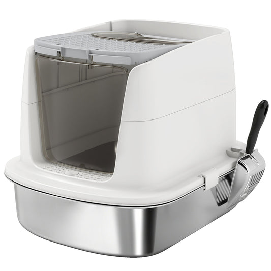 PawHut Large Stainless Steel Litter Box, Enclosed Metal Cat Litter Tray with Scoop, Deodoriser Bag, Front-Entry and Top-Exit