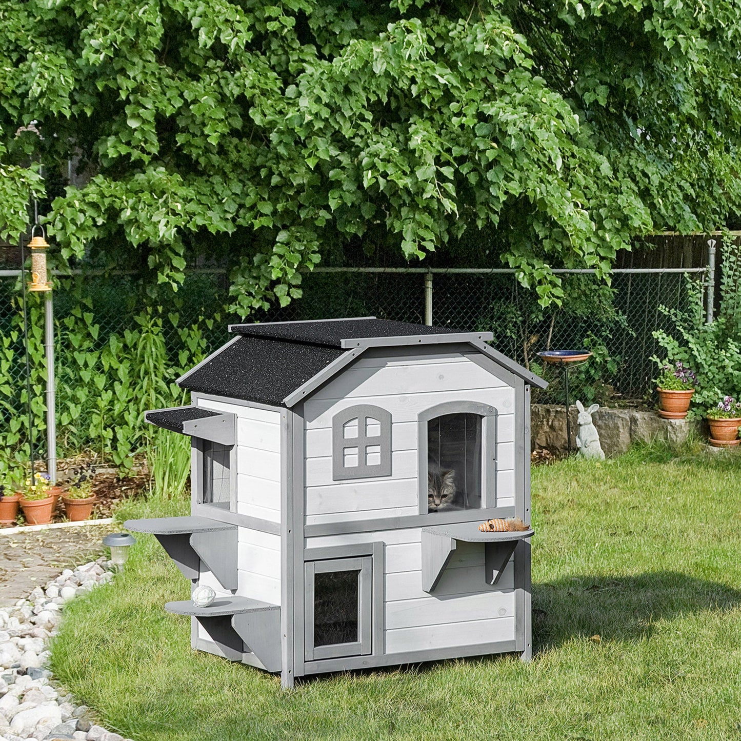 PawHut 2-Story Indoor or Outdoor Cat House W/ Escape Door, Cat Shelter, White