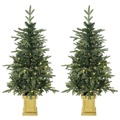 HOMCOM Set of 2 Prelit Christmas Trees with Dual-Colour LEDs, Remote, 4ft Artificial Aspen Fir Battery-Operated, 11 Modes, Pot