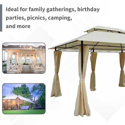 Outsunny 4m x 3(m)Garden Gazebo, Double Roof Outdoor Gazebo Canopy Shelter with Curtains, Solid Steel Frame for Lawn and Deck, Beige