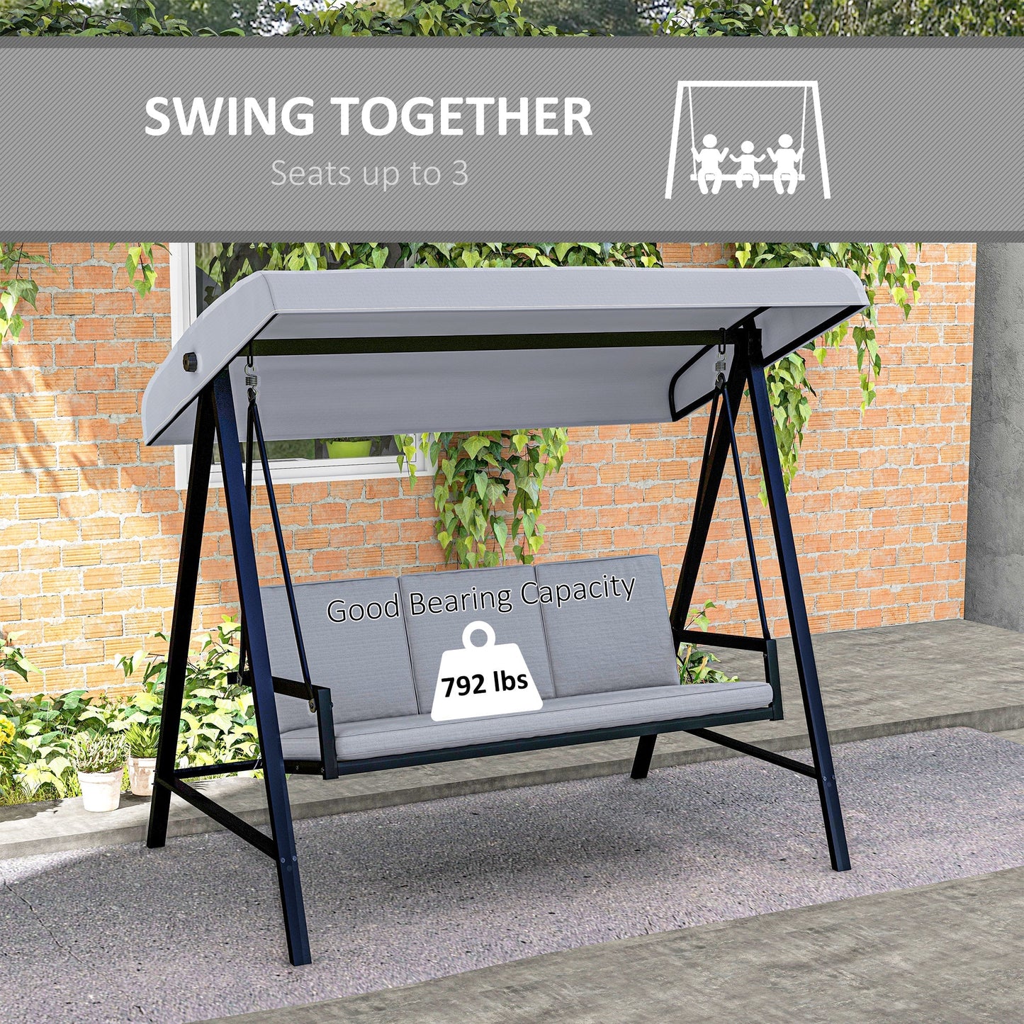 Outsunny 3 Seater Garden Swing Chair, Outdoor Hammock Bench with Adjustable Canopy, Removable Cushions and Steel Frame, Grey