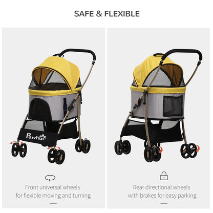 PawHut Detachable Dog Pushchair, 3-In-1 Dog Cat Travel Carriage, Foldable Carrying Bag with Universal Wheel Brake Canopy Basket Storage Bag, Yellow