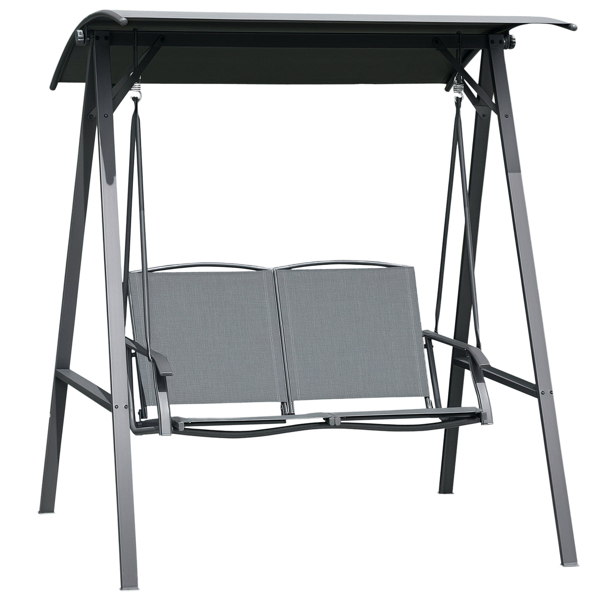 Outsunny 2 Seater Garden Swing Seat Swing Chair, Outdoor Canopy Swing Bench with Adjustable Shade, Metal Frame and Texteline Seat, Dark Grey