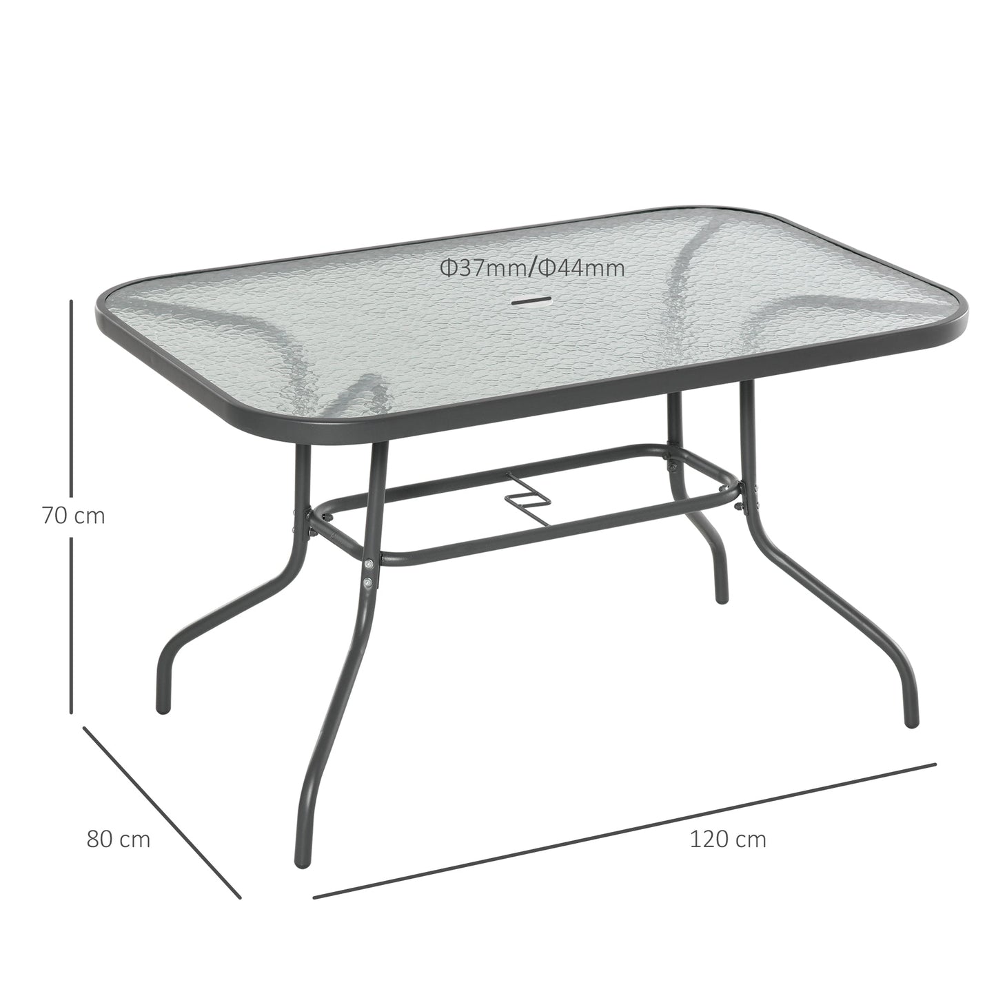 Outsunny Glass Top Garden Table Curved Metal Frame w/ Parasol Hole 4 Legs Outdoor  Balcony Sturdy Friends Family Dining Table  -Grey