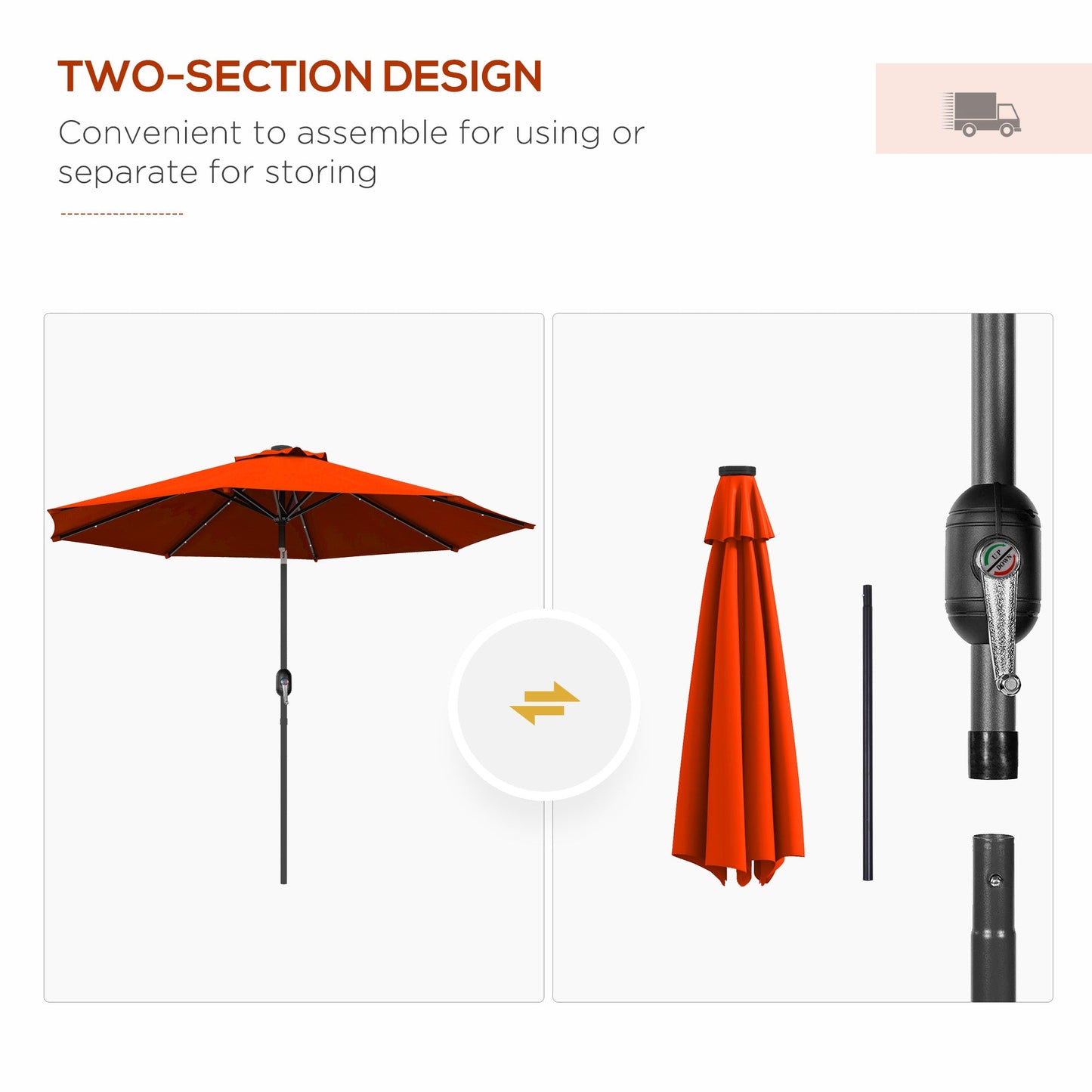 Outsunny 2.7m Outdoor Patio Garden Umbrella Parasol with Tilt Crank and 24 LEDs Lights, Orange