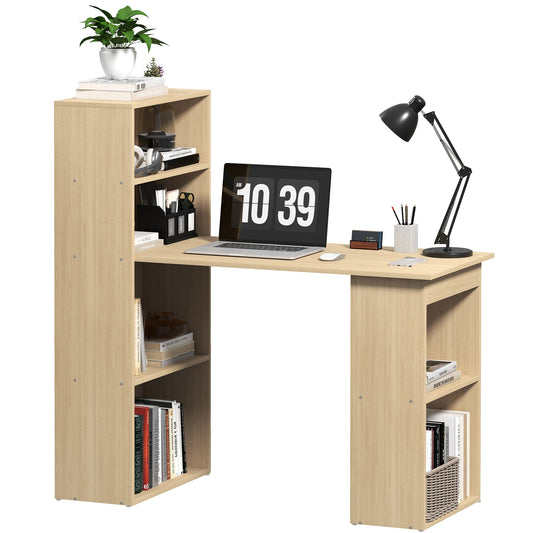 HOMCOM 120cm Computer Desk, Wooden PC Laptop Table with 6-Tier Storage Bookshelves, Home Office Working Study Desk, Writing Workstation, Natural Wood