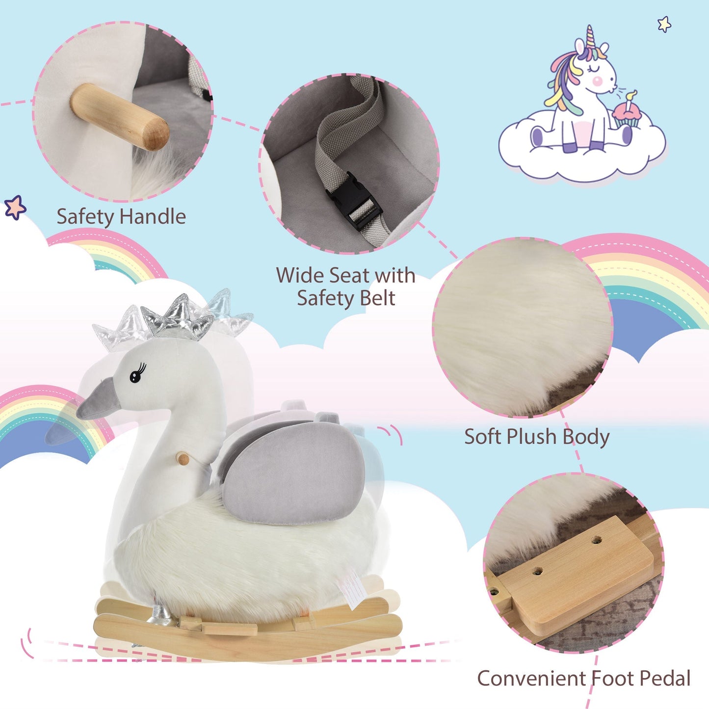 HOMCOM Kids Rocking Horse, Children Plush Ride On Swan Animal Rocker w/ Sound, Wood Base Seat, Safety Belt, Baby Toy Rocker for Toddler 18 - 36 Months, White and Grey