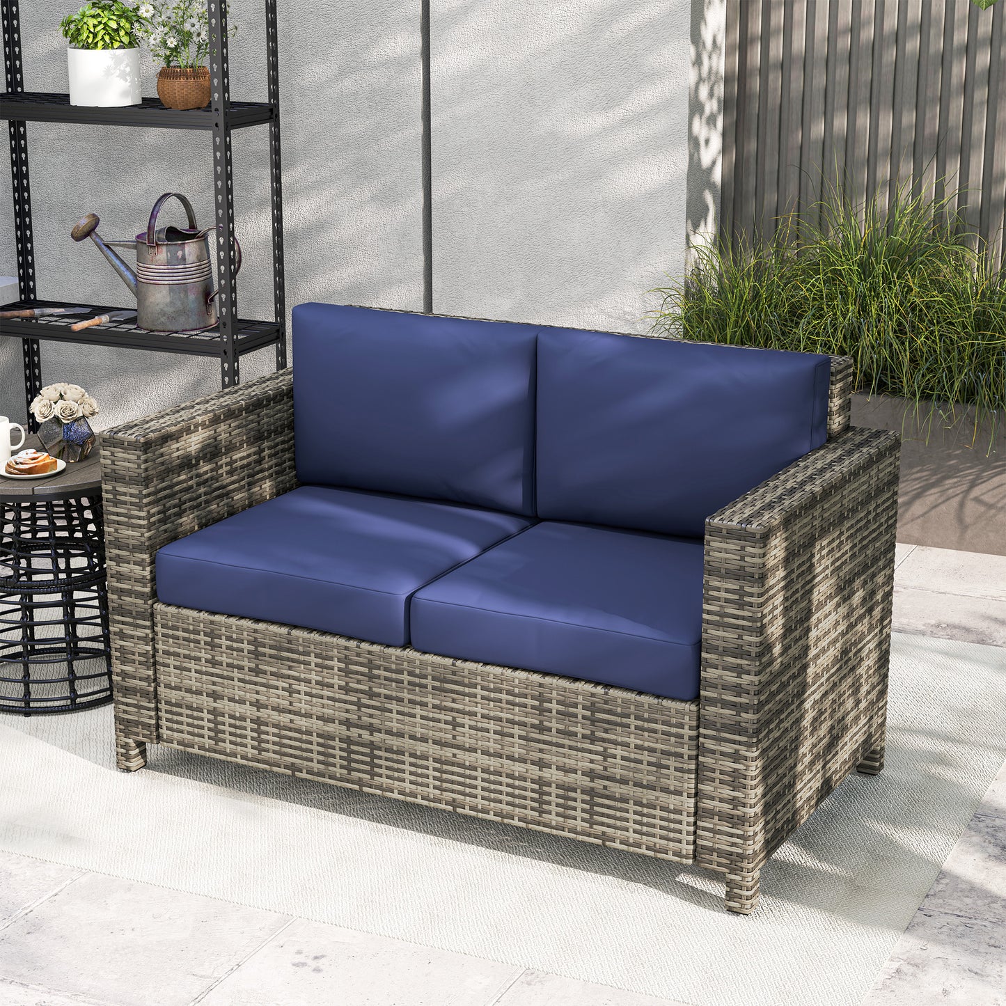 Outsunny 2-osobowe meble ogrodowe, sofa rattanowa z miękką wyściełaną poduszką i podłokietnikami, wiklinowa ogrodowa sofa dwuosobowa na patio, granatowa