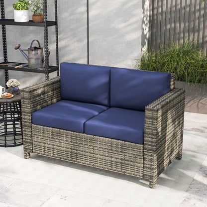 Outsunny 2-osobowe meble ogrodowe, sofa rattanowa z miękką wyściełaną poduszką i podłokietnikami, wiklinowa ogrodowa sofa dwuosobowa na patio, granatowa