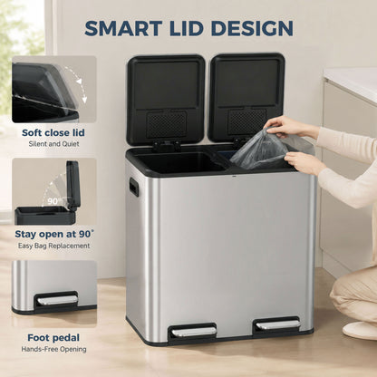 HOMCOM 2 x 20L Double Kitchen Bin, Stainless Steel Pedal Rubbish Bin with Dual Compartments, Soft Close Lids, Silver Tone