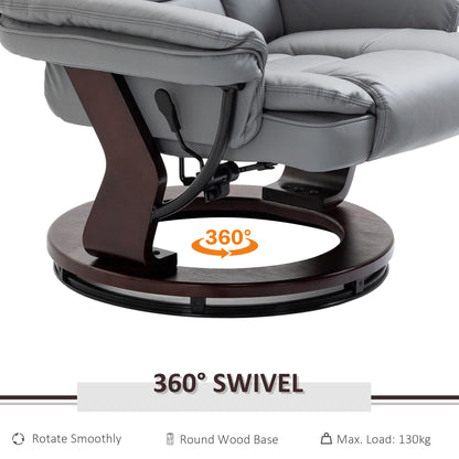 HOMCOM Recliner Chair With footstool, Recliner Armchair up to 130kg Weight Capacity, 135 Reclining Swivel Sofa Chair, PU Leather Ergonomic Couch Bed with Swivel Wood Base for Living Room, Grey