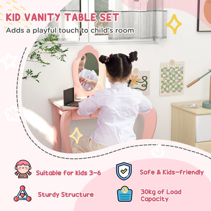 ZONEKIZ Toddler Bed Frame, Kids Dressing Table with Mirror and Stool, Cute Animal Design Kids Bedroom Furniture Set for Ages 3-6 Years, Pink