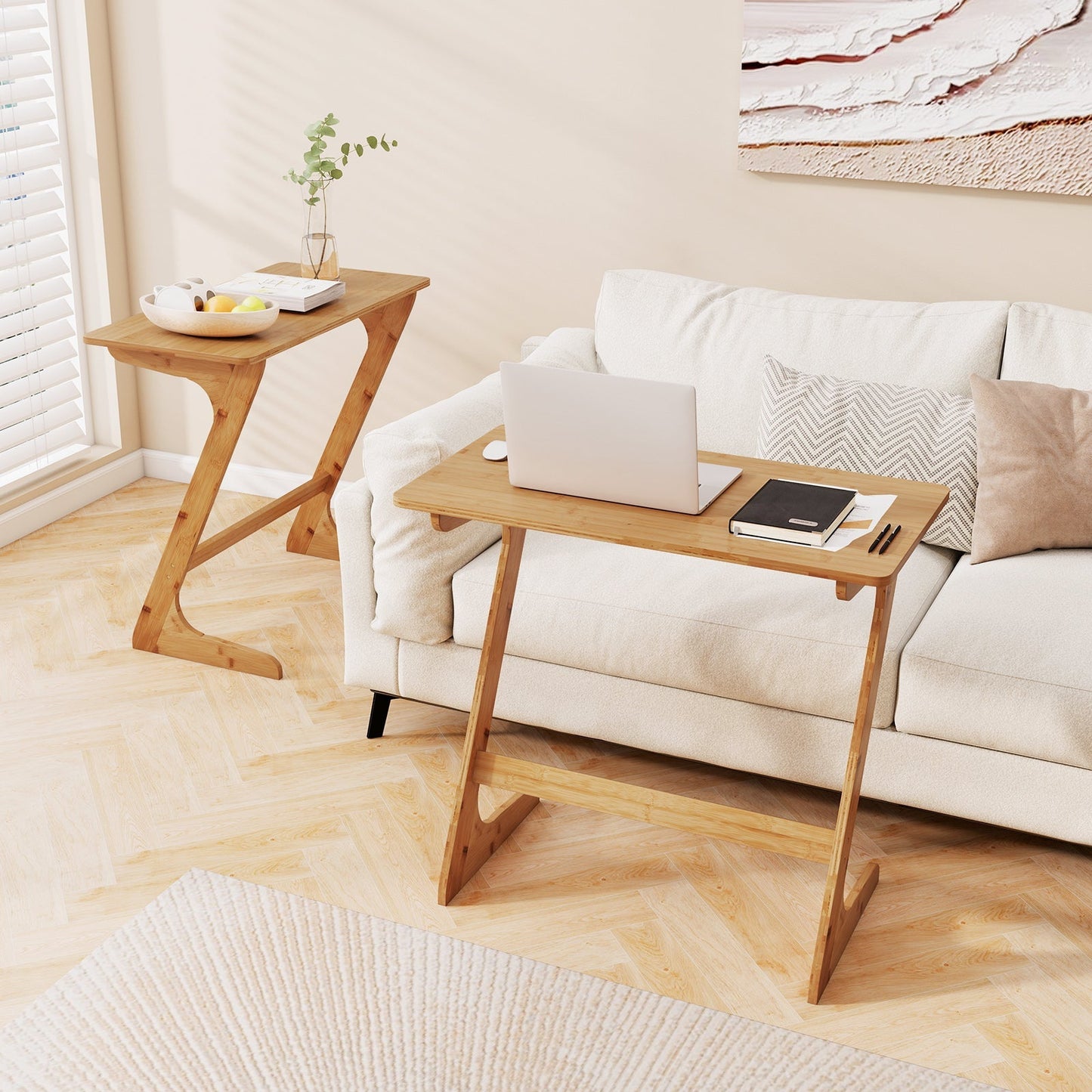 Z-Shaped Bamboo Sofa Side End Couch Table for Snacks and Drinks-Natural