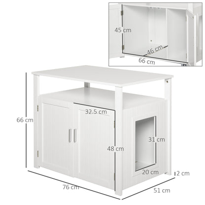 PawHut Wooden Cat Litter Box Enclosure Furniture with Adjustable Interior Wall & Large Tabletop for Nightstand, White