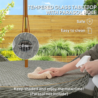 Outsunny 4 Seater Rattan Garden Furniture Set with Cushions, Round PE Rattan Dining Set with Glass-Top Table, Umbrella Hole, Outdoor Garden Table and Chairs, Grey