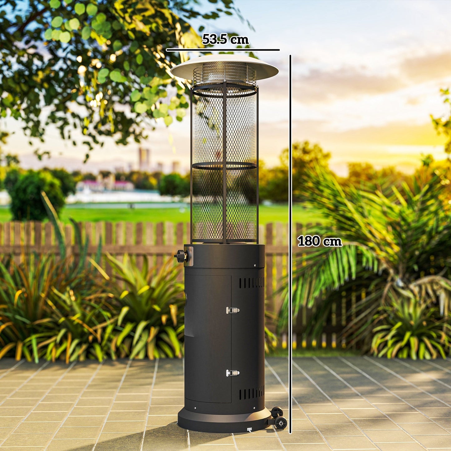 Outsunny 11 KW Freestanding Gas Patio Heater, Adjustable Outdoor Garden Propane Heater with Tip-Over Switch, Wheels, Pulse Ignition, Tank Room with Openable Door, Black