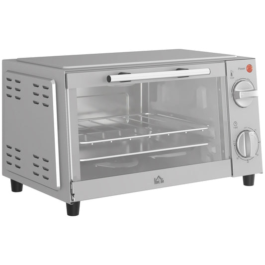 HOMCOM Mini Oven, 9L Countertop Electric Grill, Toaster Oven with Adjustable Temperature, Timer, Dishwasher Safe Baking Tray and Wire Rack, 750W, Silver