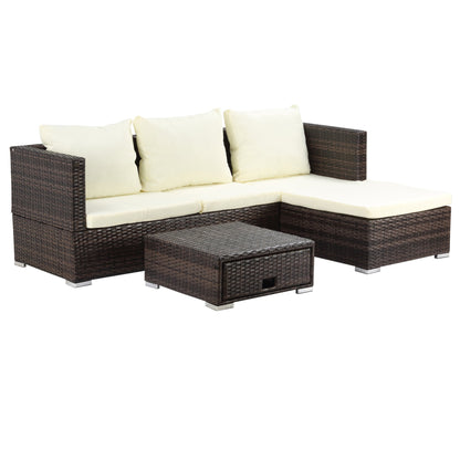 Outsunny 3PC Rattan Garden Furniture Storage Sofa Set 4 Seater Wicker Coffee Table Conservatory Sun Lounger Reclining Set Outdoor Weave with Cushion Brown