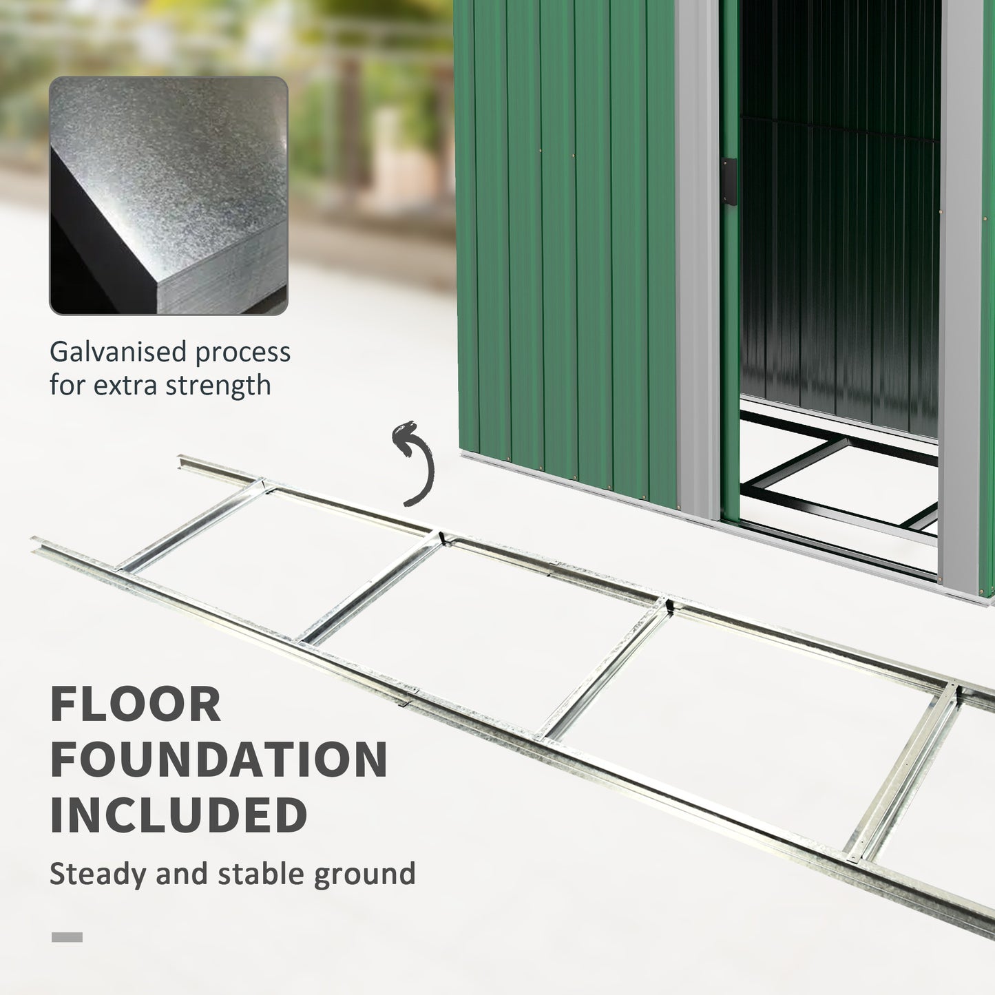 سقيفة تخزين الأدوات المعدنية من Outsunny Garden مع باب منزلق، وسقف مائل وأساس أرضي، 152 × 132 × 188 سم، أخضر