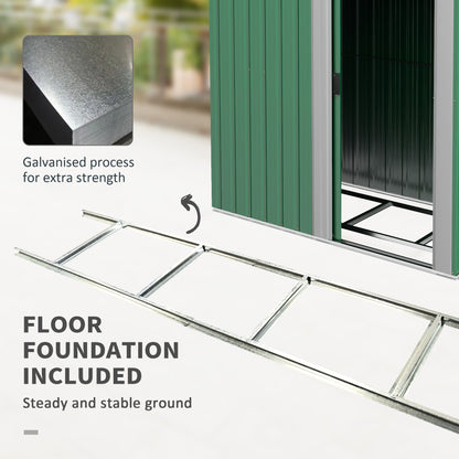 سقيفة تخزين الأدوات المعدنية من Outsunny Garden مع باب منزلق، وسقف مائل وأساس أرضي، 152 × 132 × 188 سم، أخضر