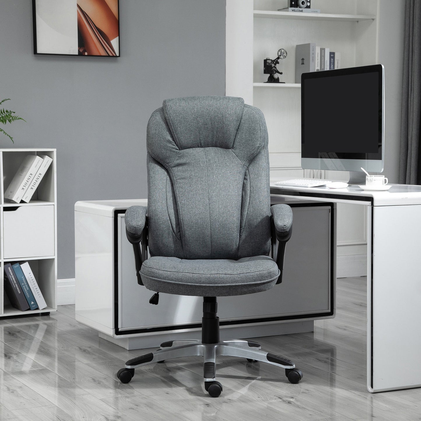 Vinsetto Office Chair, Linen Fabric Desk Chair, Height Adjustable Computer Chair with Padded Armrests, Swivel Wheels and Tilt Function, Grey