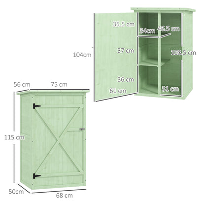 Outsunny Drewniany mały domek, ogrodowy domek do przechowywania z półkami i ryglem, 75L x 56W x 115H cm, zielony