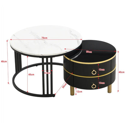 2-in-1 Round Marble Coffee Table Set with Glossy Tops, 2 Drawers, 70x70x46 + 50x50x40 cm, White+Black