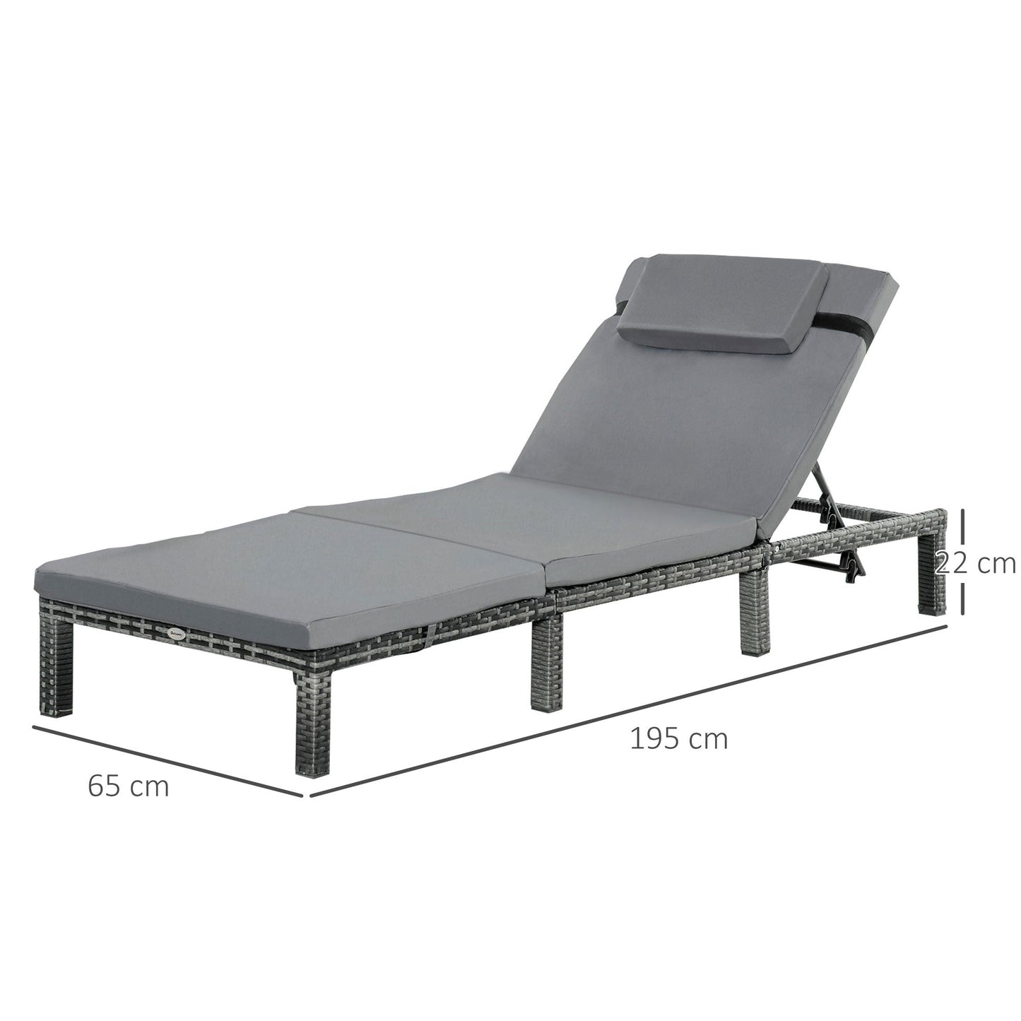 Outsunny PE Rattan Sun Lounger with Soft Padded Cushion, Patio 5-level Reclining Sun Lounger with Headrest, Grey