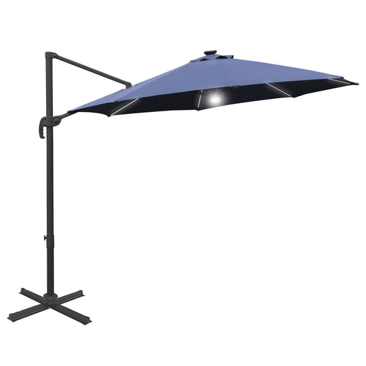 Outsunny 3(m) Cantilever Roma Parasol Garden Sun Umbrella Outdoor Patio with LED Solar Light Cross Base 360° Rotating, Blue