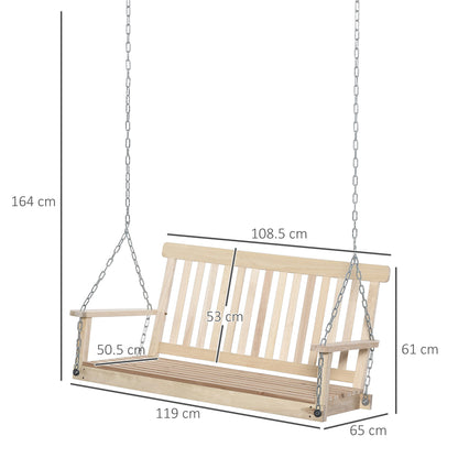 Outsunny Outdoor Wooden Swing Bench 2-Seater Porch Swing Chair Hanging Hammock Garden Furniture, Natural