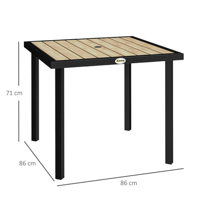 Stół ogrodowy Outsunny Square Garden Dining Table z otworem na parasol 5,4 cm, blatem z listew, metalową ramą, 86 x 86 x 71 cm, brązowy