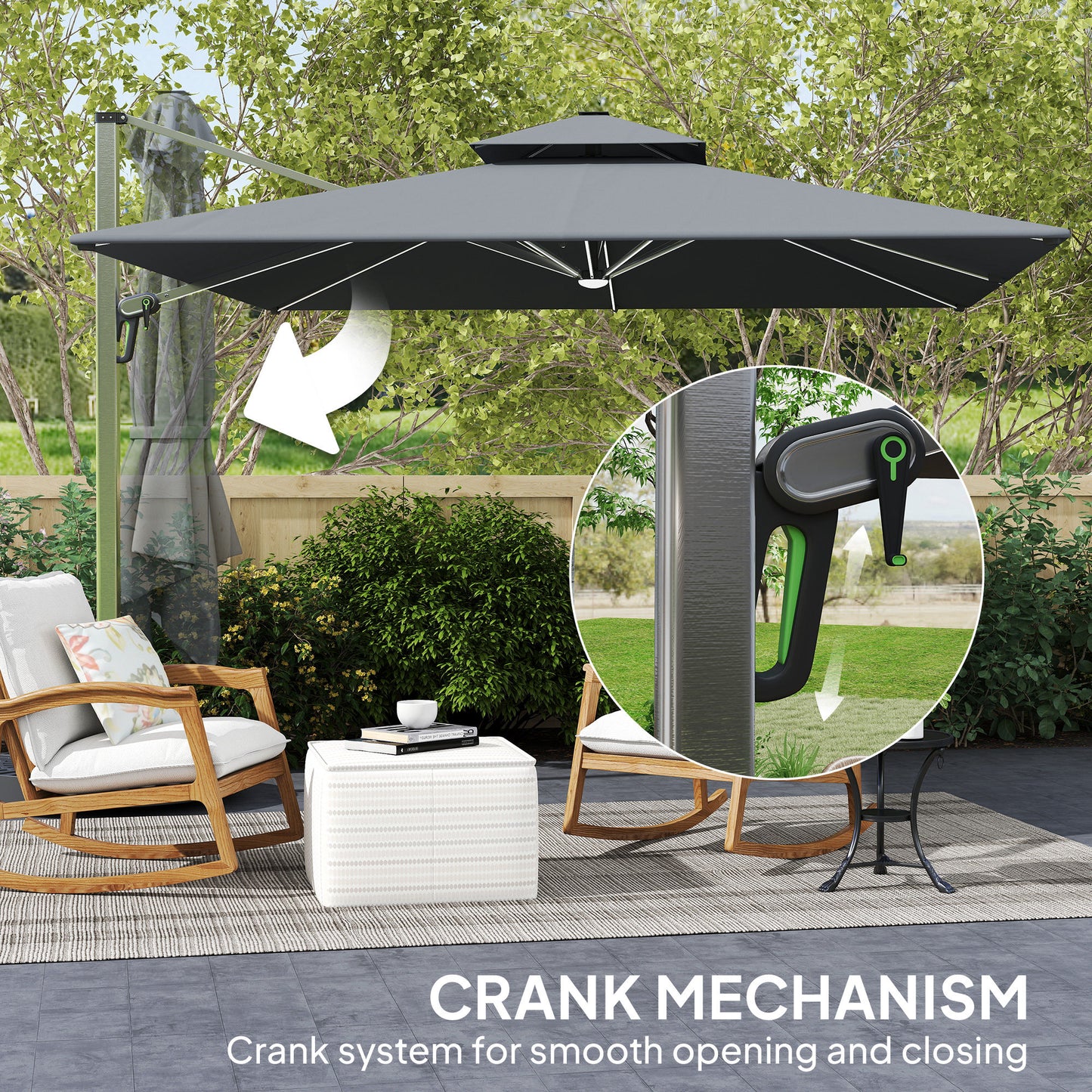 Outsunny 3(m) Parasol ogrodowy z wysięgnikiem i lampami LED zasilanymi energią słoneczną, podstawa krzyżowa, obrót 360√Ç¬∞, korba i pochylenie, szary