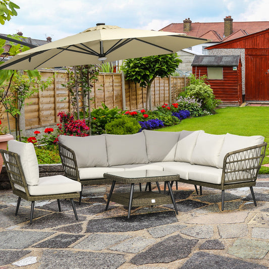 Outsunny 5-częściowa narożna sofa ogrodowa z rattanu, okrągła i podwójna, półokrągła, pleciona, rattanowa, meble ogrodowe z grubymi, wyściełanymi poduszkami i blatem ze szkła hartowanego, dwupoziomowy stół, szary