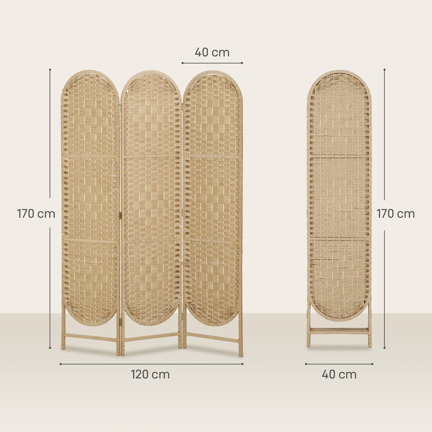 HOMCOM Indoor Oval 3-Panel Room Divider 120 x 170 cm Folding Lightweight Woven Partition, Natural Wood
