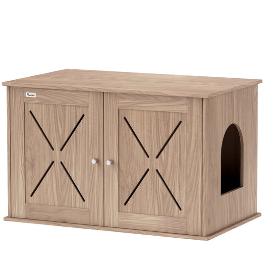 PawHut Cat Litter Box Enclosure with Double Doors and Side Entrance, Non-Slip Pads for Living Room, Walnut Brown