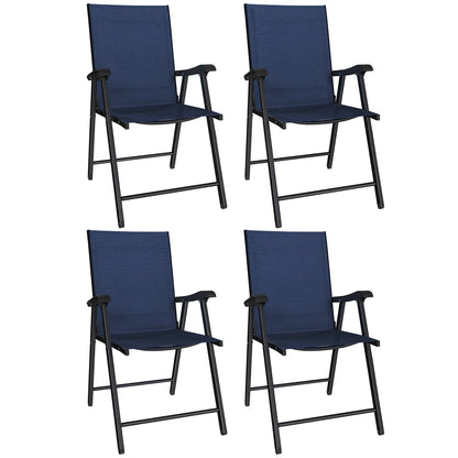 Outsunny Folding Garden Chairs Set of 4, Foldable Garden Dining Chairs with High Back, Armrests, Texteline Seat, Navy Blue