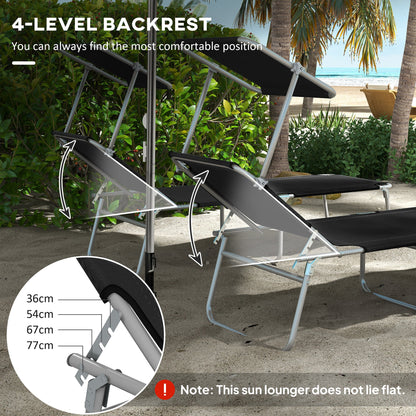 Outsunny Foldable Sun Lounger Set of 2 with Sun Shade & Adjustable Backrest - Black