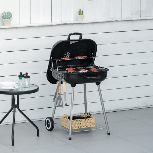 Outsunny przenośny grill węglowy z 2 kółkami i przyborami kuchennymi, wędzarnia z pokrywką do grillowania na świeżym powietrzu, kempingu, pikniku, dziedzińca