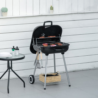 Outsunny Portable BBQ Charcoal Grill with 2 Wheels and Cooking Utensils, Smoker Grill with Lid for Outdoor Barbecues, Camping, Picnic, Courtyard