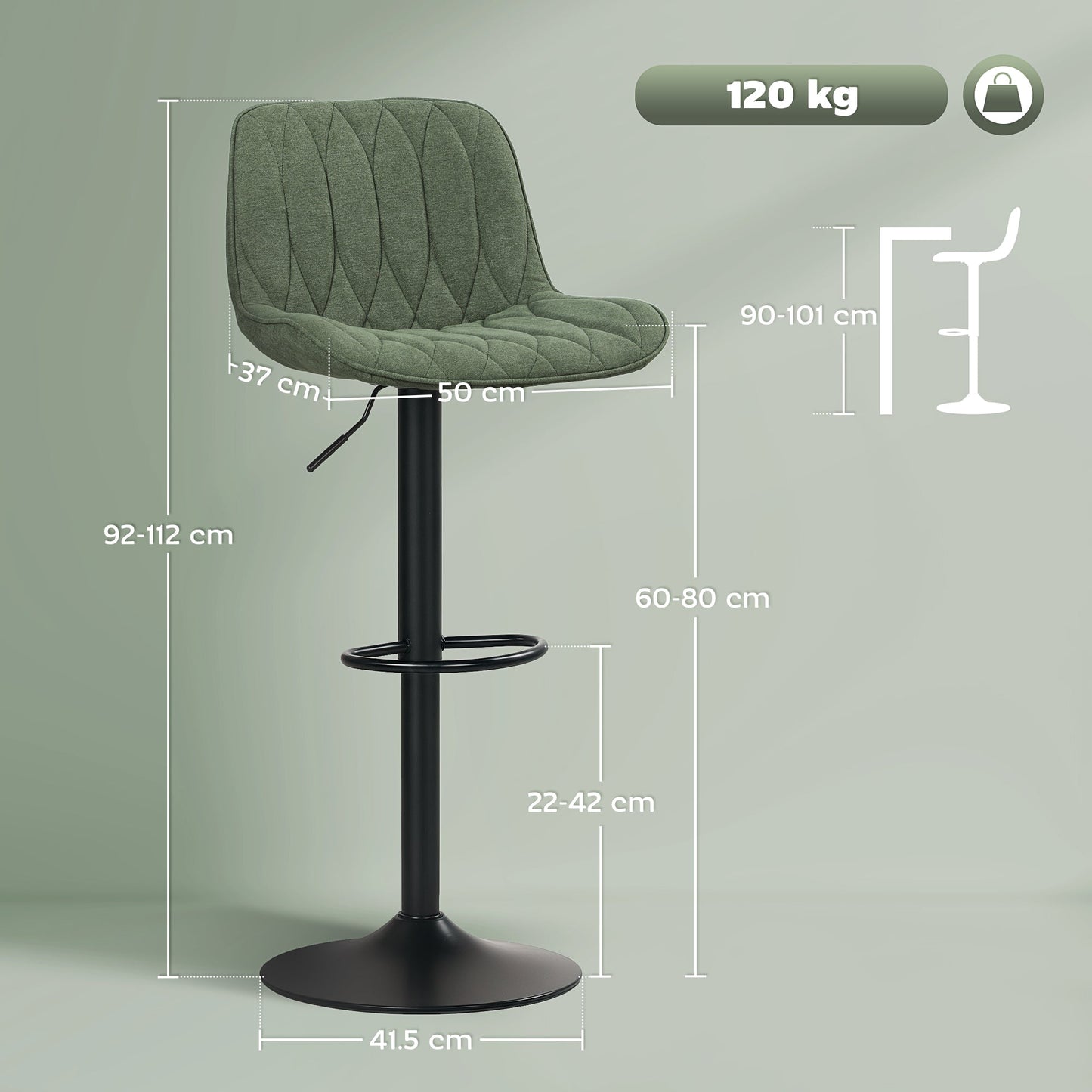 HOMCOM Set of Two Linen-Look Bar Stools - Green