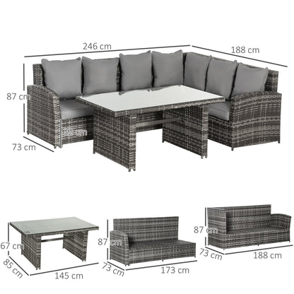 Outsunny 6-Seater PE Rattan Corner Dining Set Outdoor Garden Patio Sofa Table Furniture Set w/ Cushions, Grey