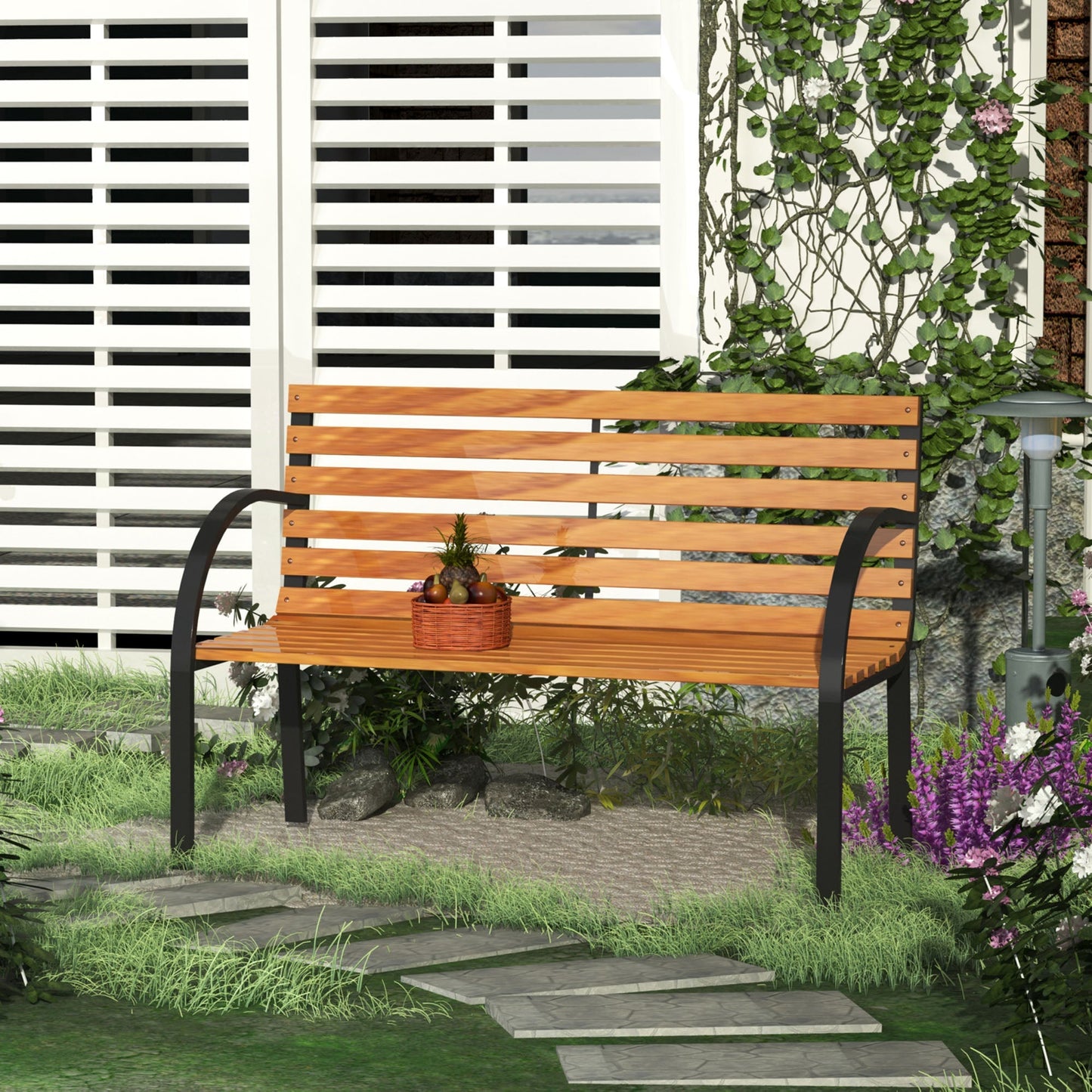 Outsunny Wooden Garden Bench Park Bench 2 Seater Love Chair Outdoor Patio Porch Furniture w/ Sturdy Metal Frame