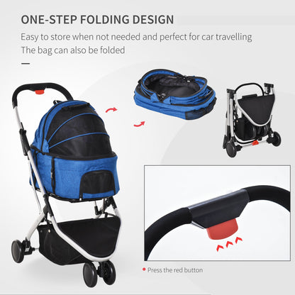 PawHut Detachable Pet Stroller Pushchair Foldable Dog Cat Travel Carriage 2-In-1 Design Carrying Bag Dark Blue