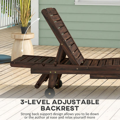 Outsunny Outdoor Wooden Sun Lounger with Built-In Table, Carbonised Finish