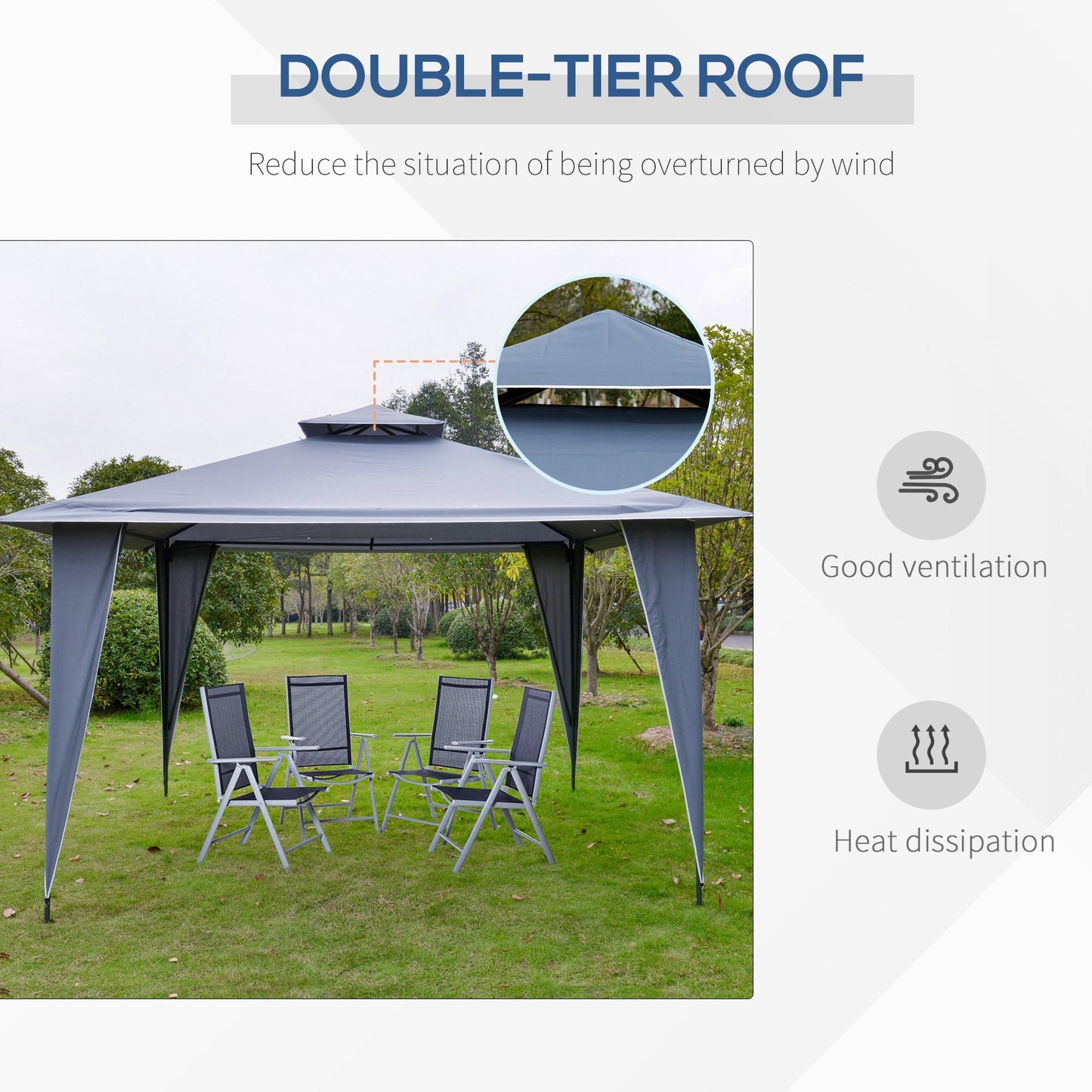 Outsunny 3.5 x 3.5m Side-Less Outdoor Canopy Tent Gazebo w/ 2-Tier Roof Steel Frame Garden Party Gathering Shelter Grey