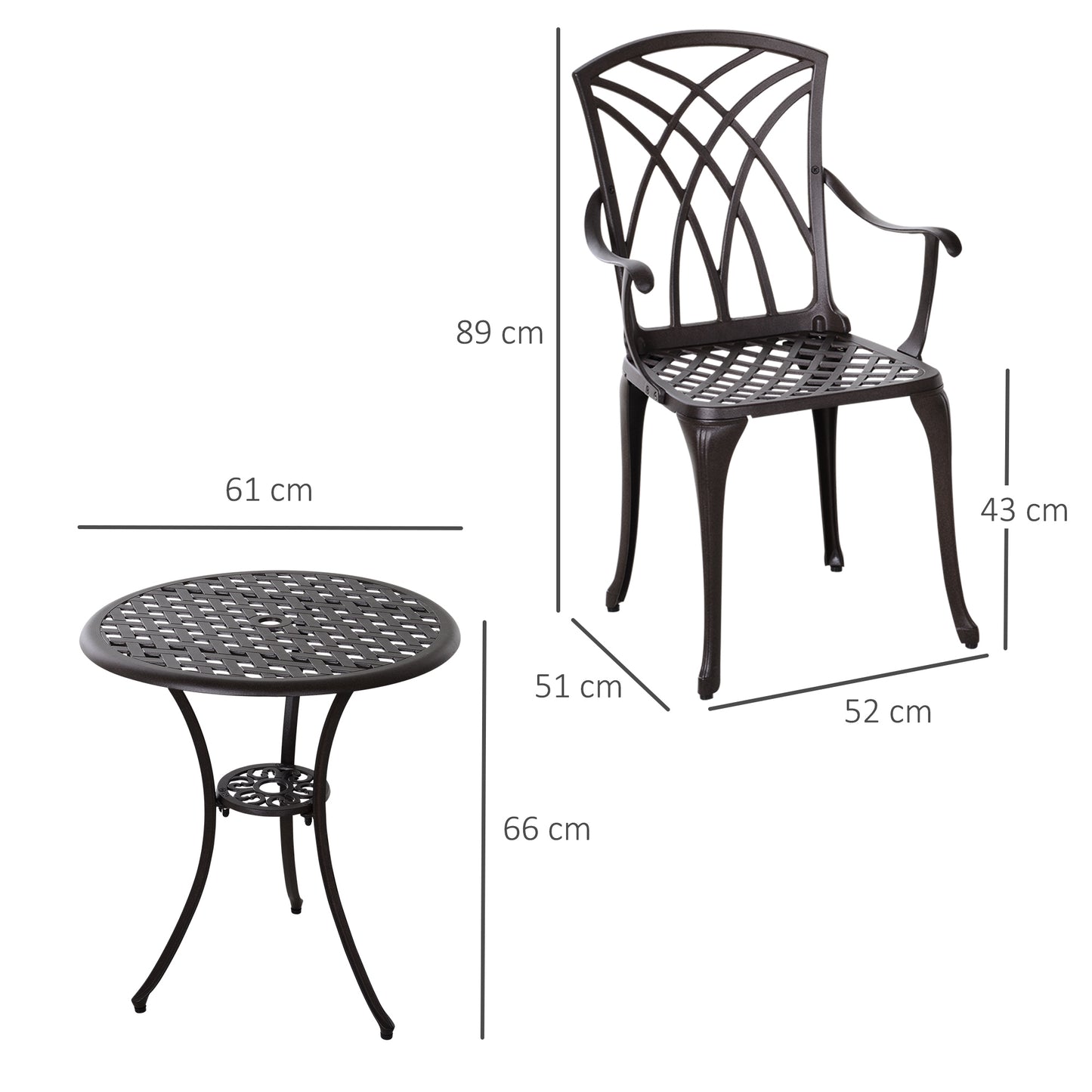 Outsunny 3-częściowy zestaw ogrodowy dla 2 osób, zestaw ogrodowy z odlewanego aluminium z 2 fotelami i okrągłym stołem jadalnym z otworem na parasol, zestaw mebli ogrodowych, brązowy