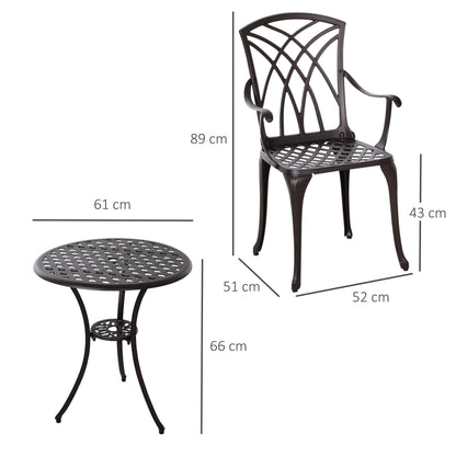 Outsunny 3-częściowy zestaw ogrodowy dla 2 osób, zestaw ogrodowy z odlewanego aluminium z 2 fotelami i okrągłym stołem jadalnym z otworem na parasol, zestaw mebli ogrodowych, brązowy