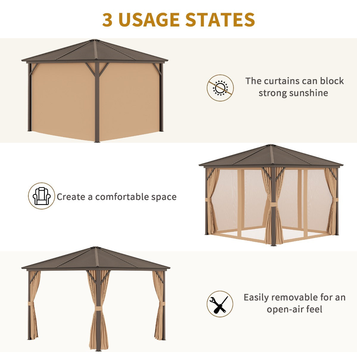 Outsunny 3 x 3 m Hardtop Gazebo with Netting and Curtains, Garden Gazebo Canopy Shelter with Metal Roof, Aluminium Frame, for Garden, Lawn, Deck, Brown