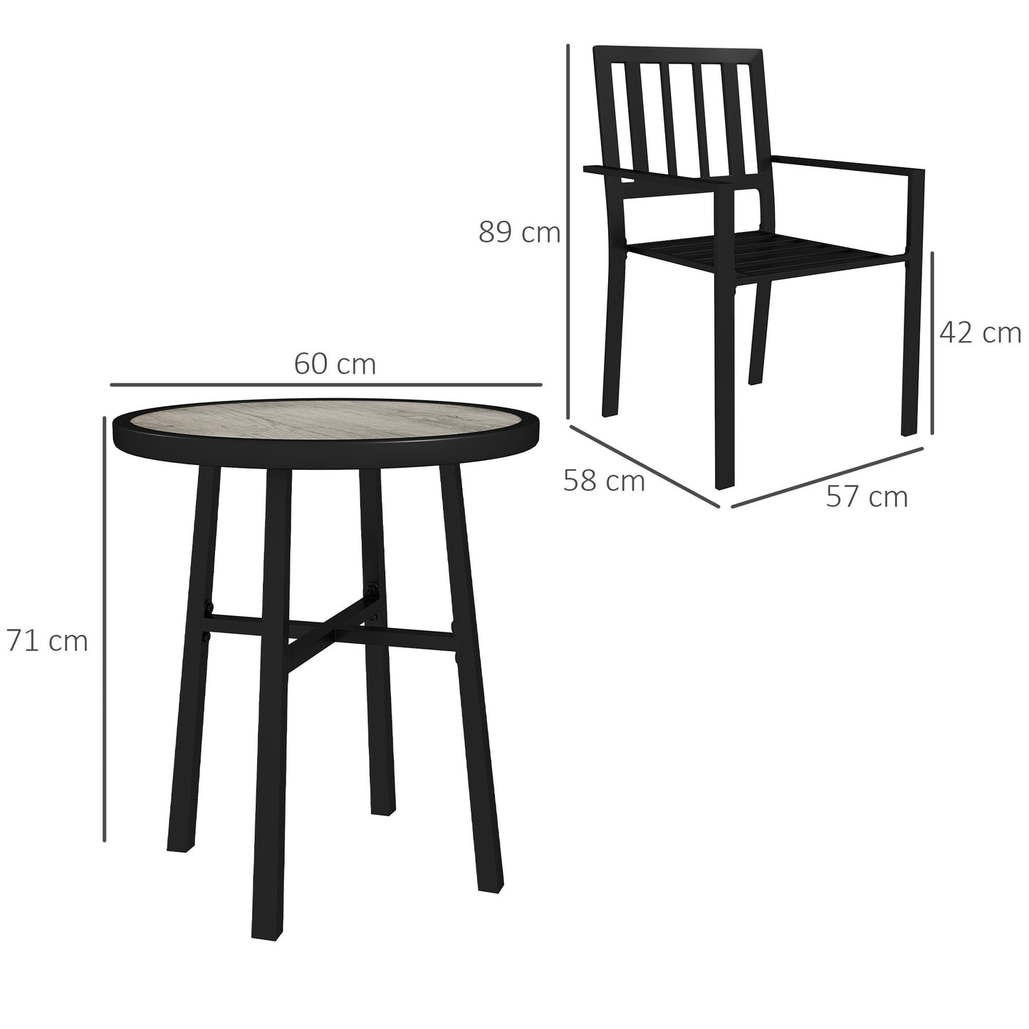 Outsunny 3 Piece Patio Bistro Set with Plastic Top, 2 Stackable Chairs, Galvanised Steel Frame, Grey