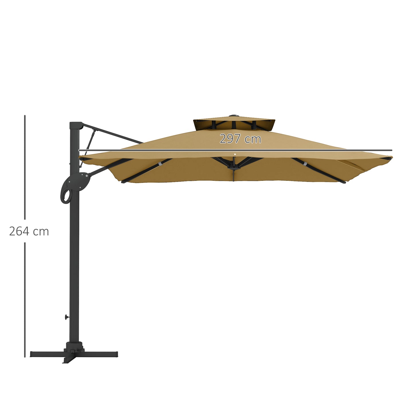 Parasol ogrodowy Outsunny, 3 m, wspornikowy, z mechanizmem hydraulicznym, góra z podwójnym otworem wentylacyjnym, 8 żeber, podstawa krzyżowa, kolor khaki